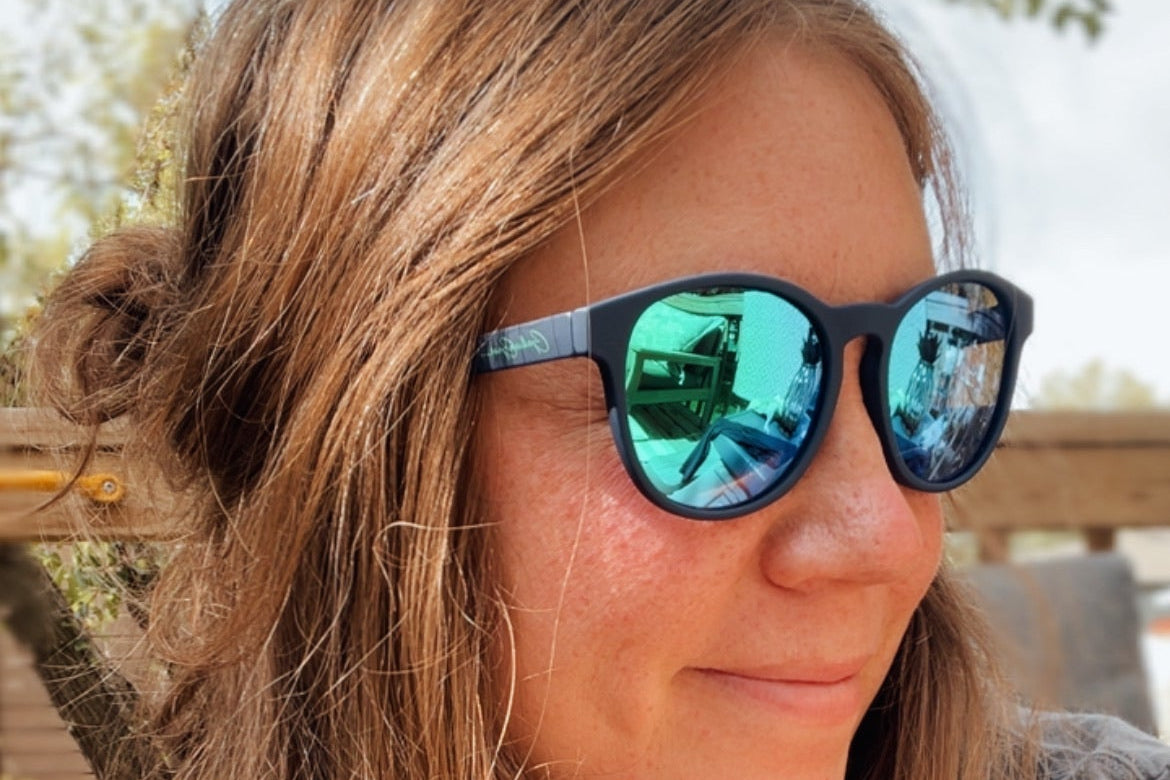 A woman with long light brown hair wearing dark-framed sunglasses with reflective blue-green lenses, photographed outdoors.